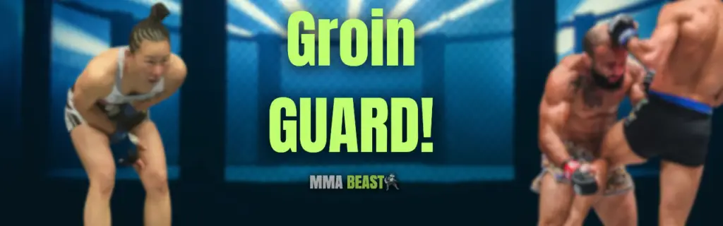A mma groin guard being used by fighters.